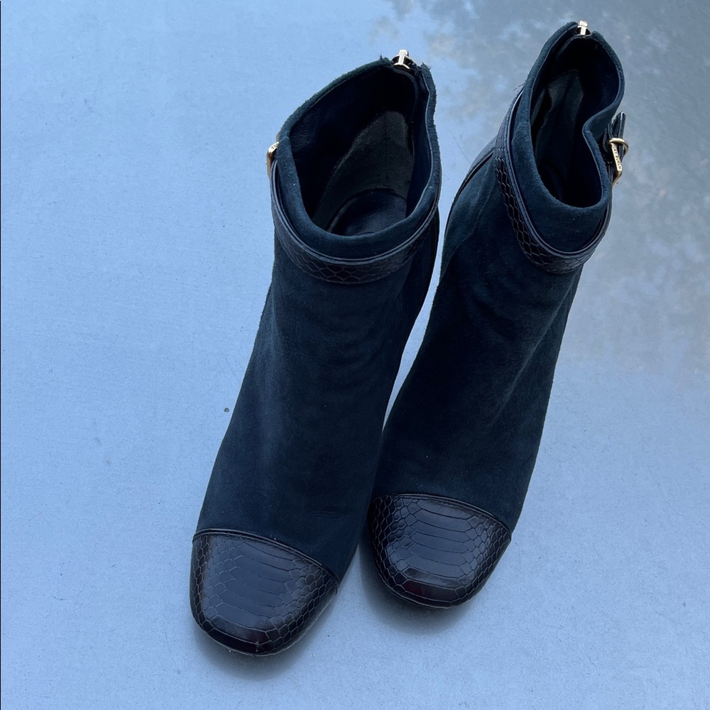 Tory Burch Black Suede Ankle Booties with Textured Toe and Gold Buckle